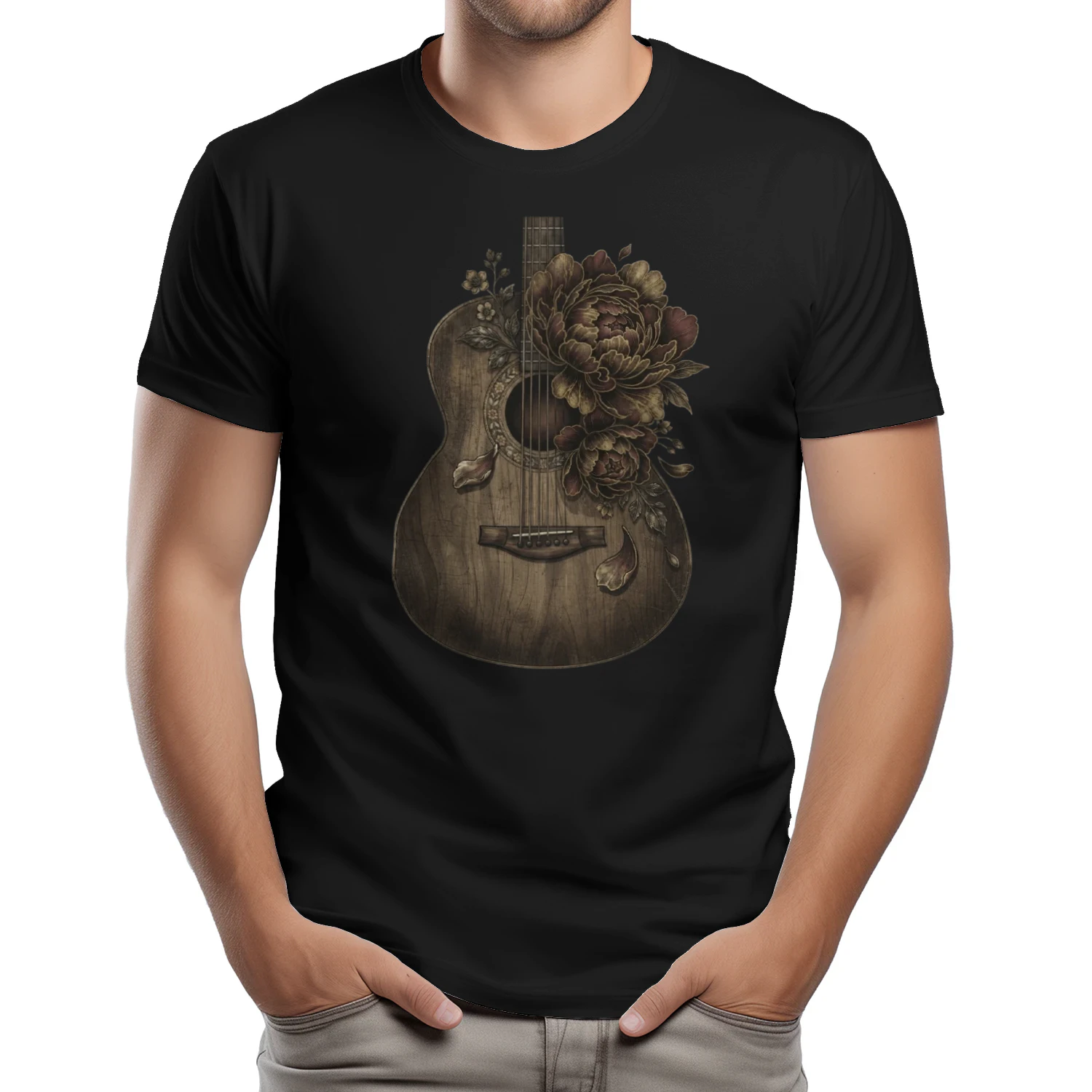 Vintage Peony Acoustic Guitar Art