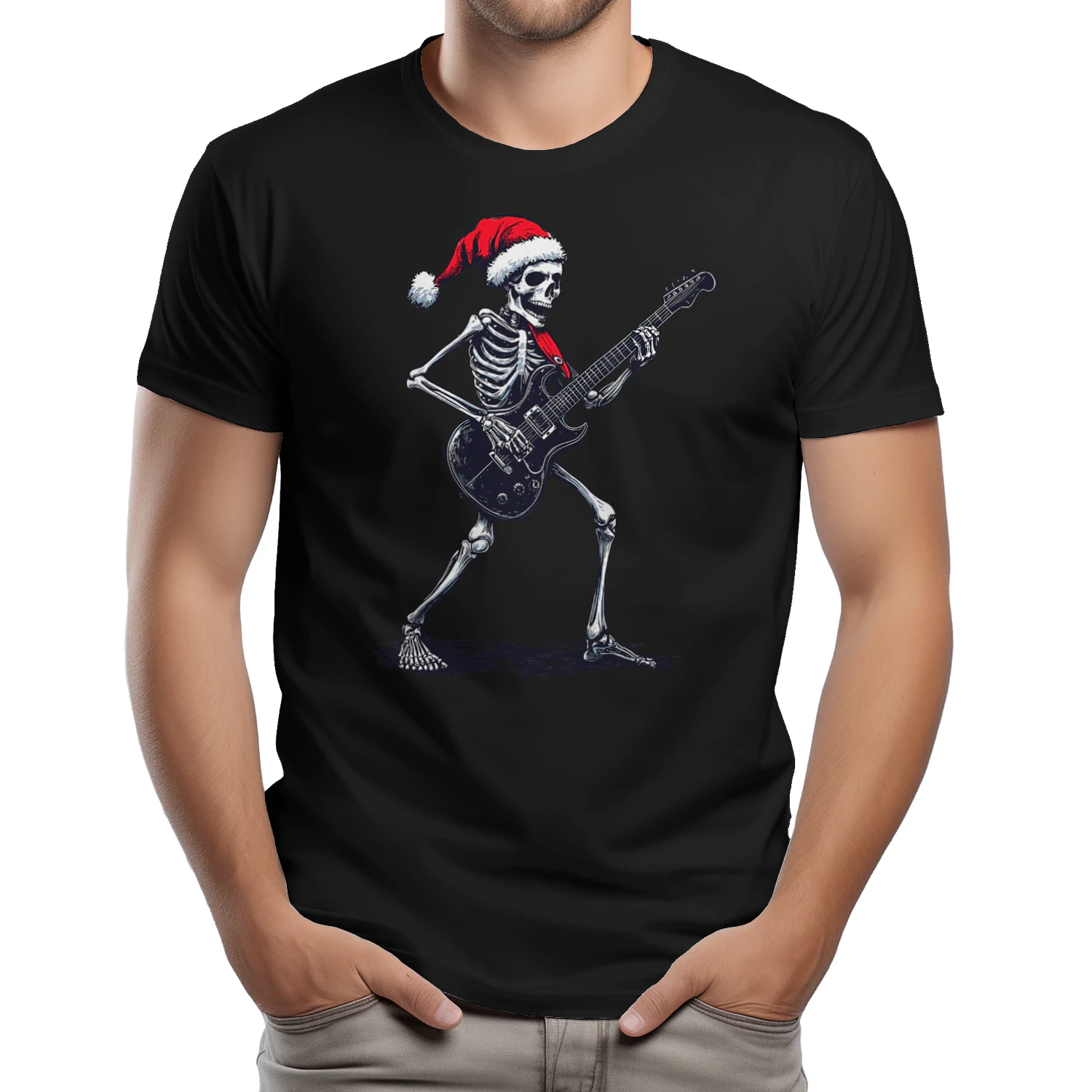 Christmas Santa Skeleton Playing Electric Guitar - Guitarist Christmas T-Shirt