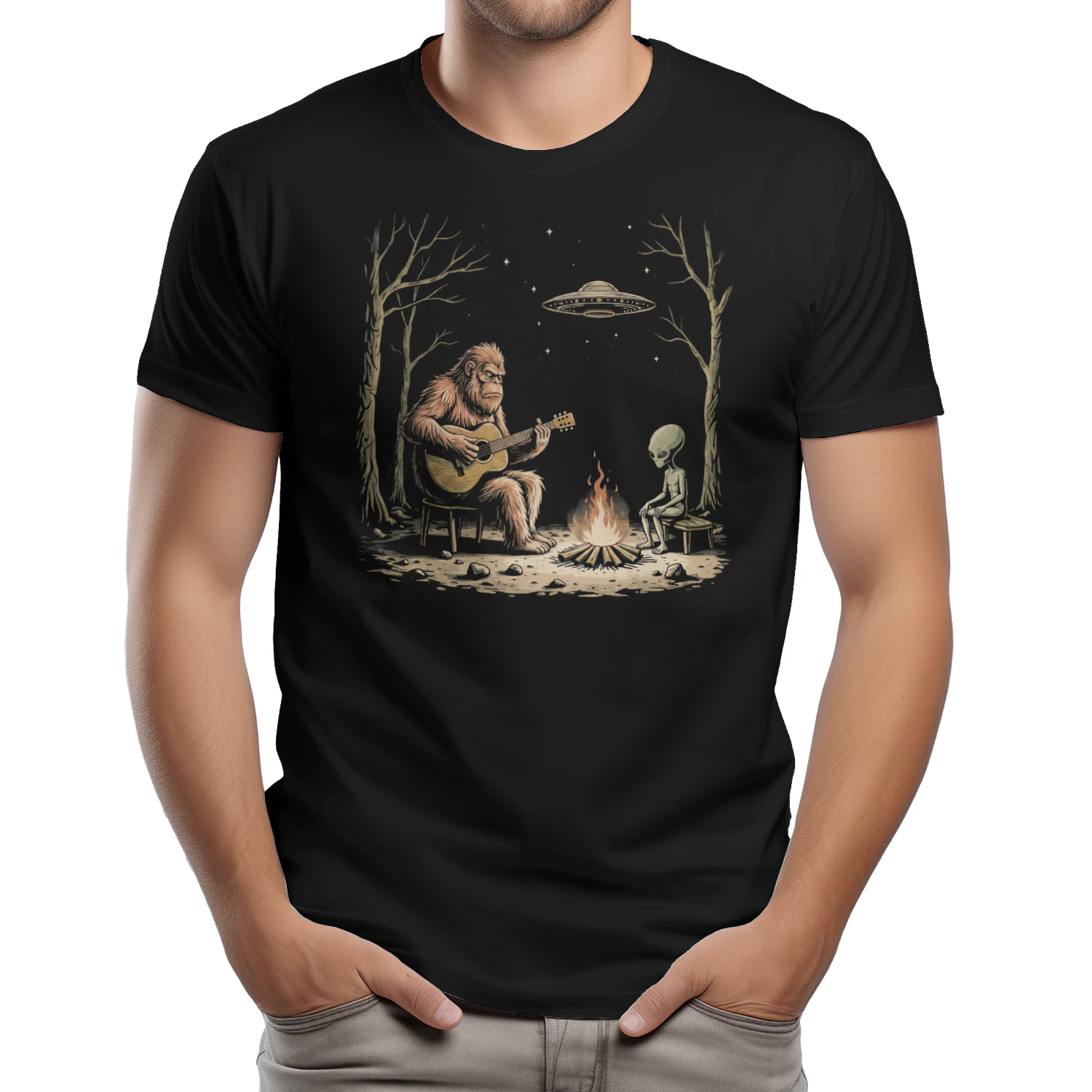 Guitar Bigfoot and Alien Campfire Guitar T-Shirt