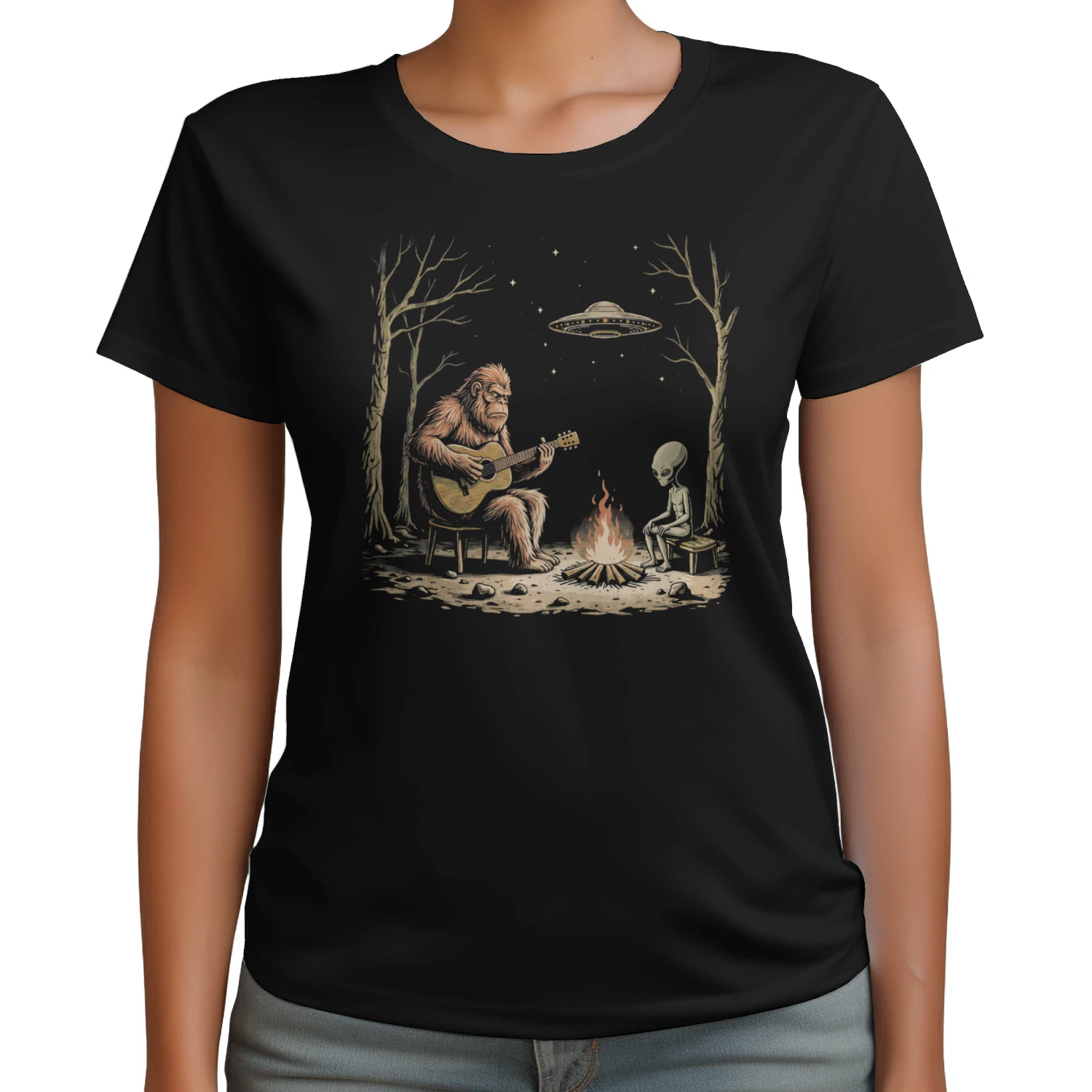Guitar Bigfoot and Alien Campfire Guitar T-Shirt