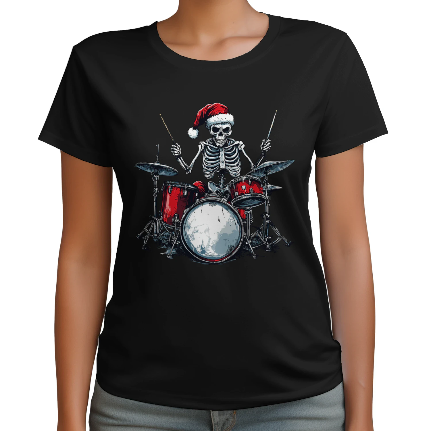 Christmas Santa Skeleton Playing Drum Percussionist Drummer Christmas T-Shirt