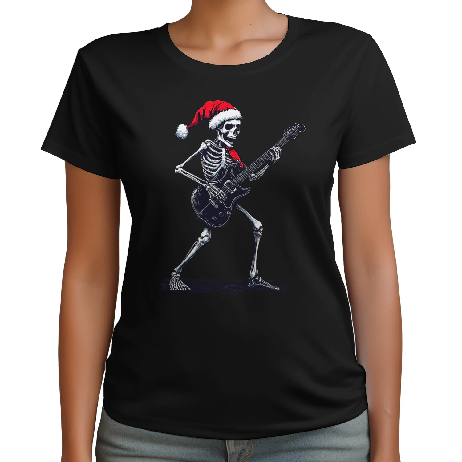 Christmas Santa Skeleton Playing Electric Guitar - Guitarist Christmas T-Shirt