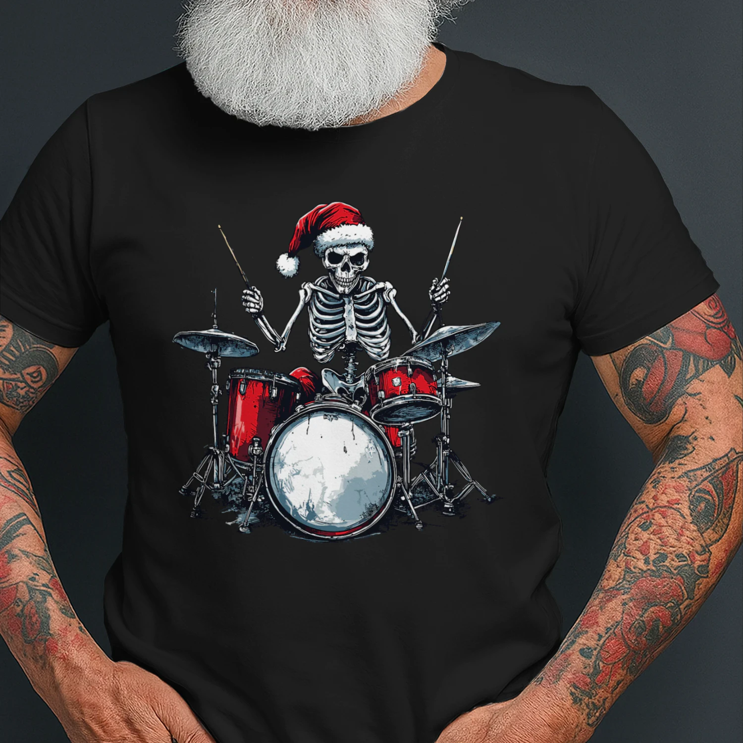 Christmas Santa Skeleton Playing Drum Percussionist Drummer Christmas T-Shirt