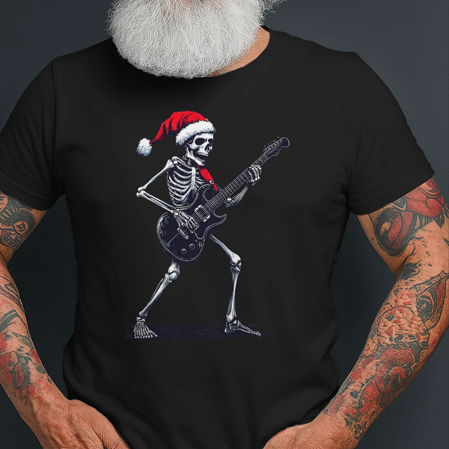 Christmas Santa Skeleton Playing Electric Guitar - Guitarist Christmas T-Shirt
