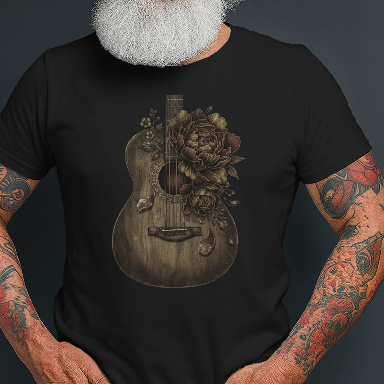 Vintage Peony Acoustic Guitar Art