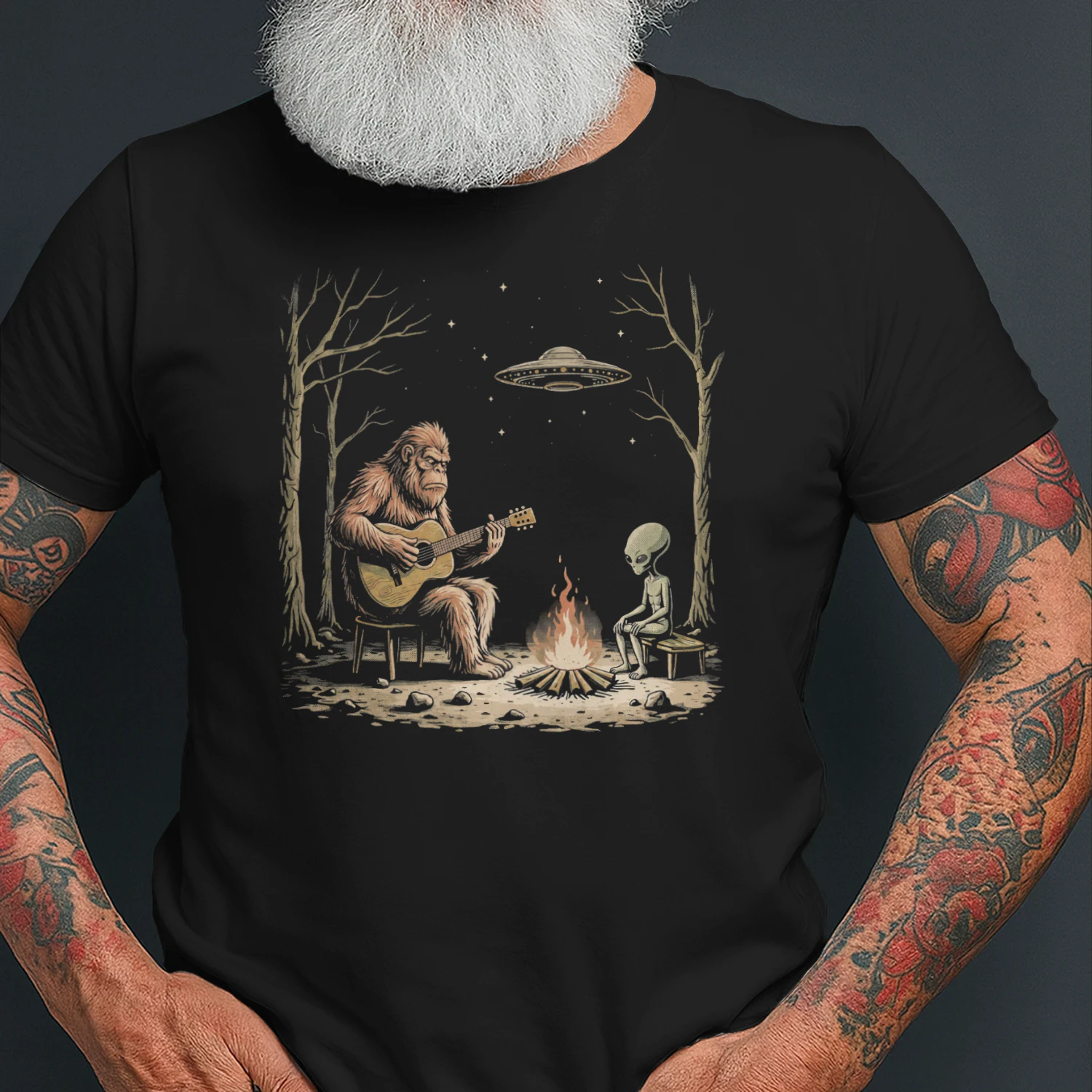 Guitar Bigfoot and Alien Campfire Guitar T-Shirt