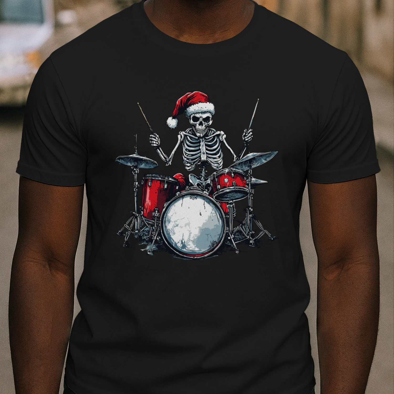 Christmas Santa Skeleton Playing Drum Percussionist Drummer Christmas T-Shirt