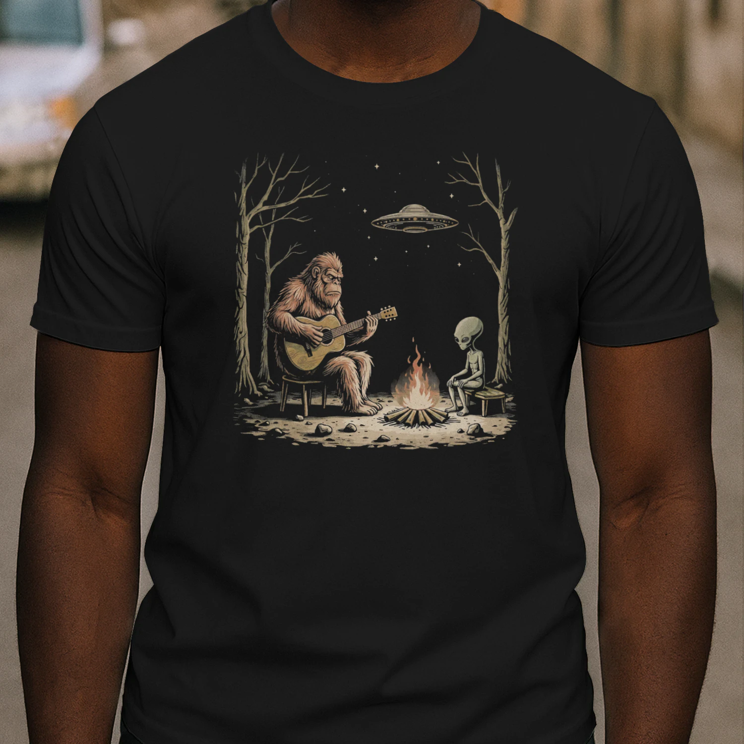 Guitar Bigfoot and Alien Campfire Guitar T-Shirt