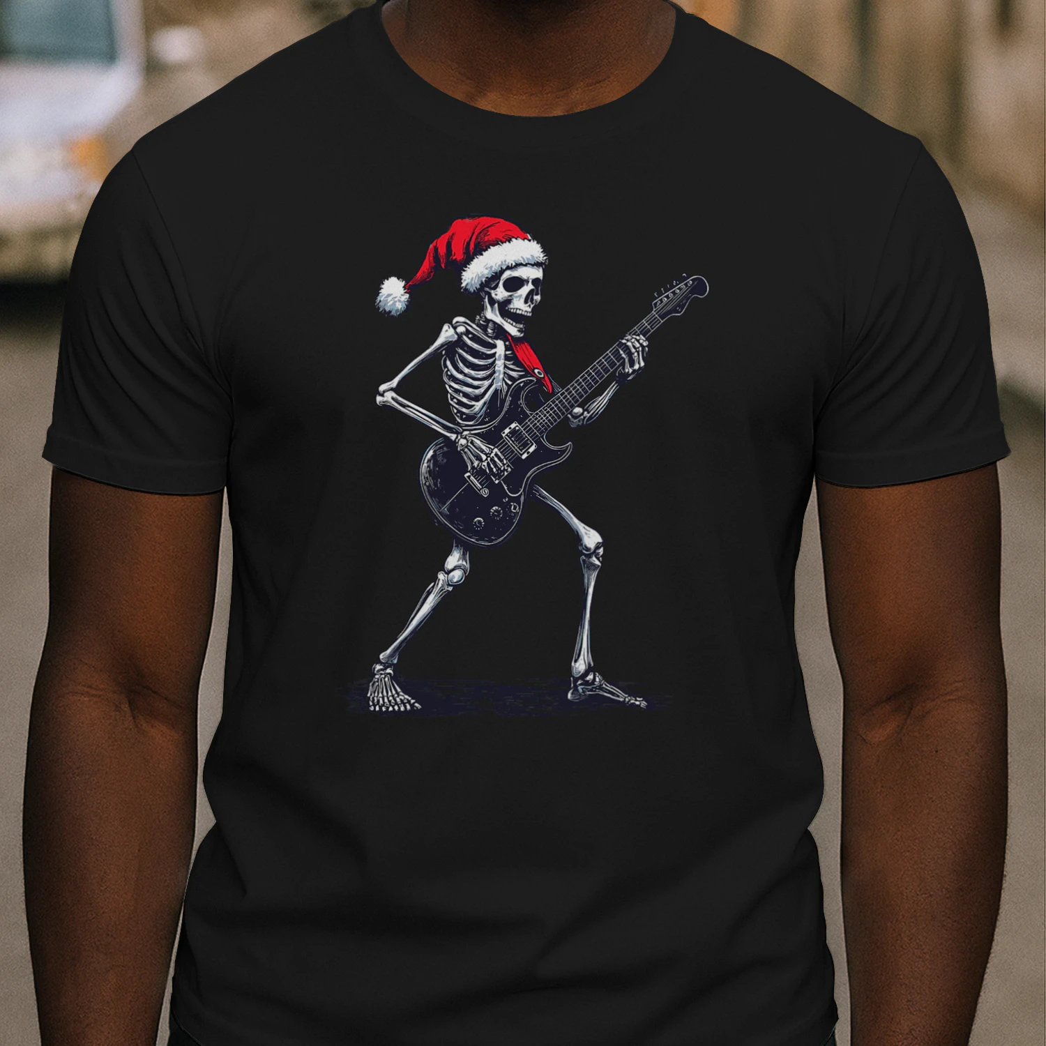 Christmas Santa Skeleton Playing Electric Guitar - Guitarist Christmas T-Shirt