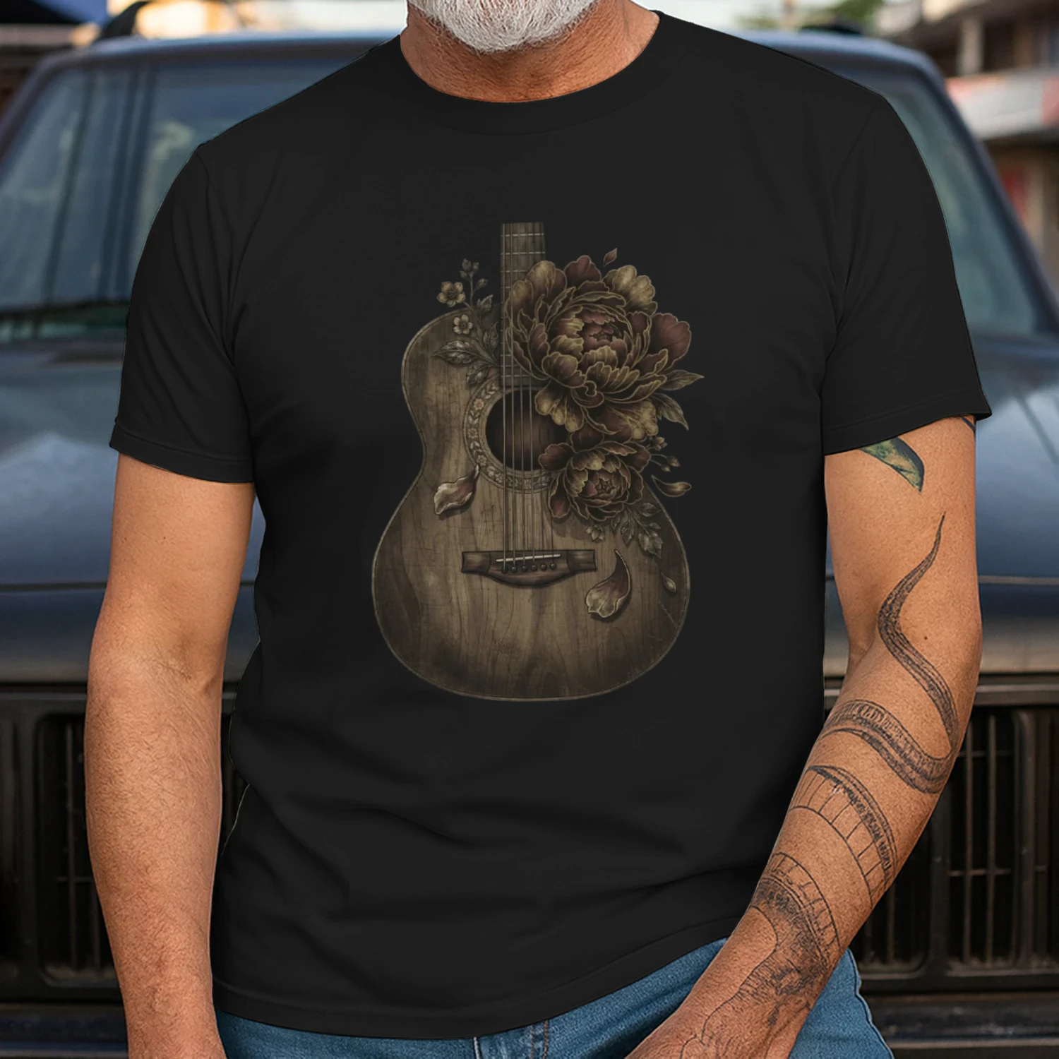 Vintage Peony Acoustic Guitar Art