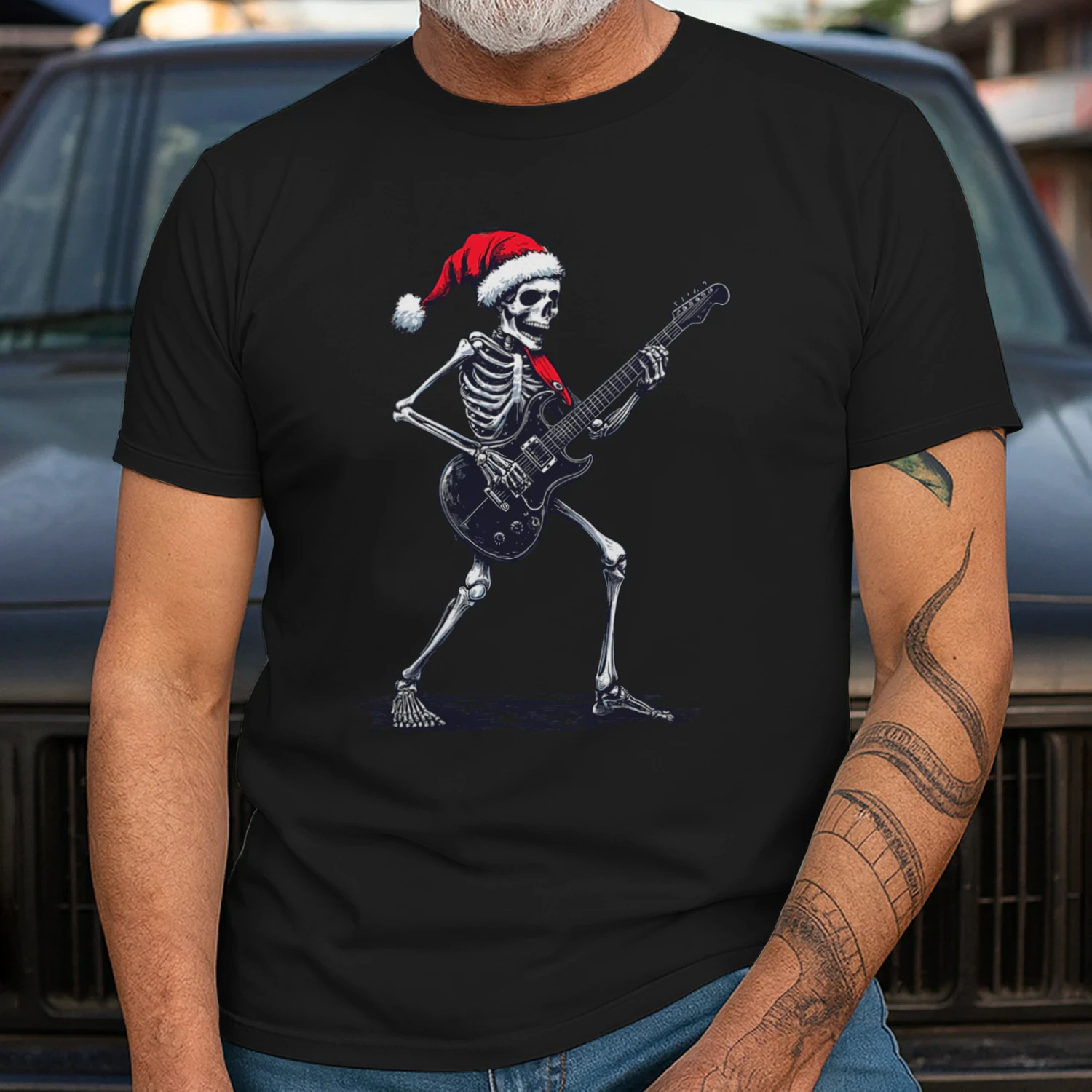 Christmas Santa Skeleton Playing Electric Guitar - Guitarist Christmas T-Shirt