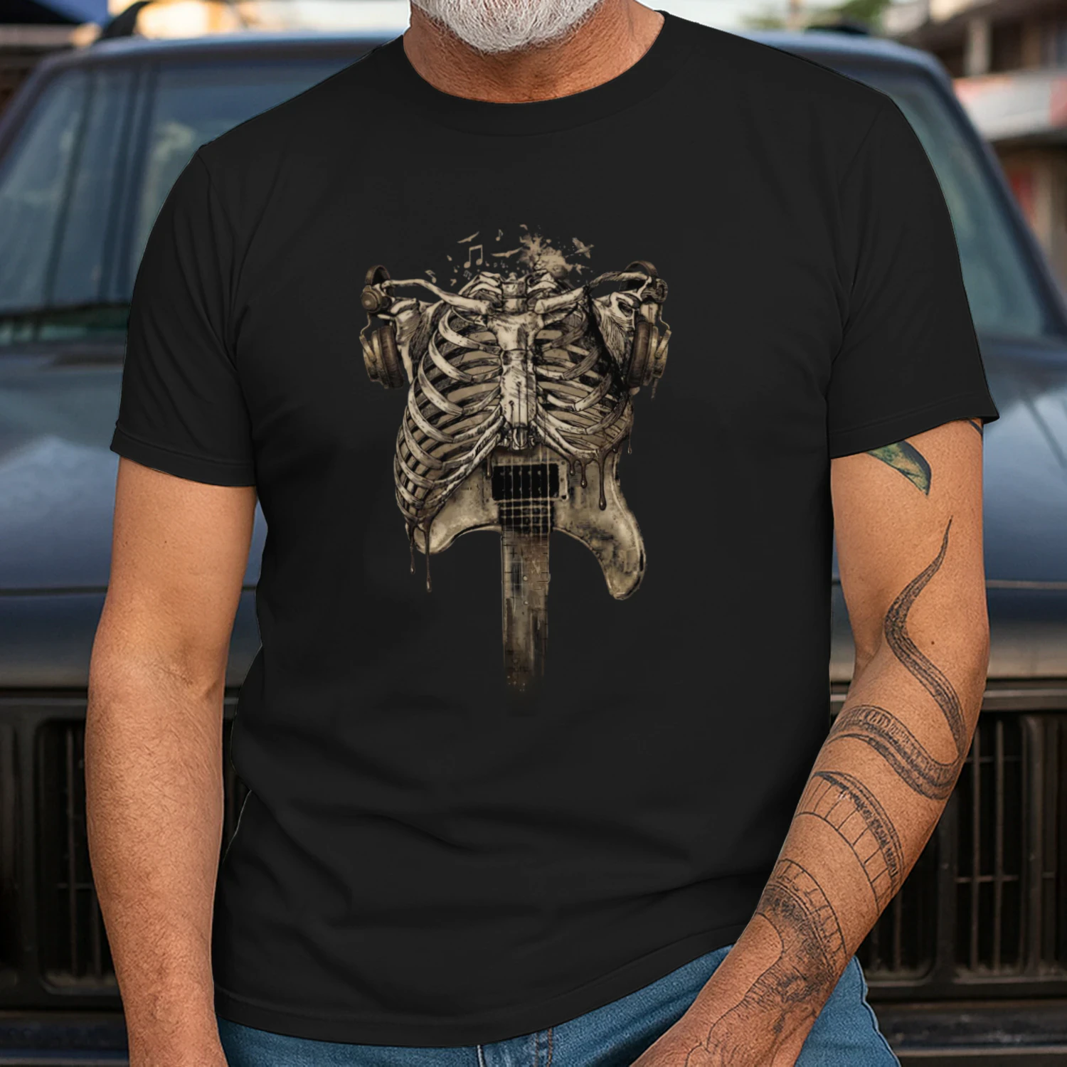 Guitar Aesthetic Rockstar Skeleton T-shirt - Vintage Dark Art Music Lover Tee