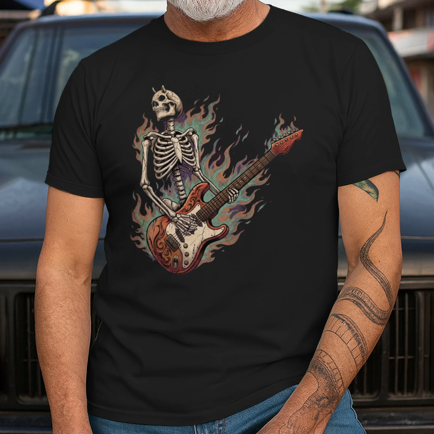 Flaming Horned Skeleton Guitarist