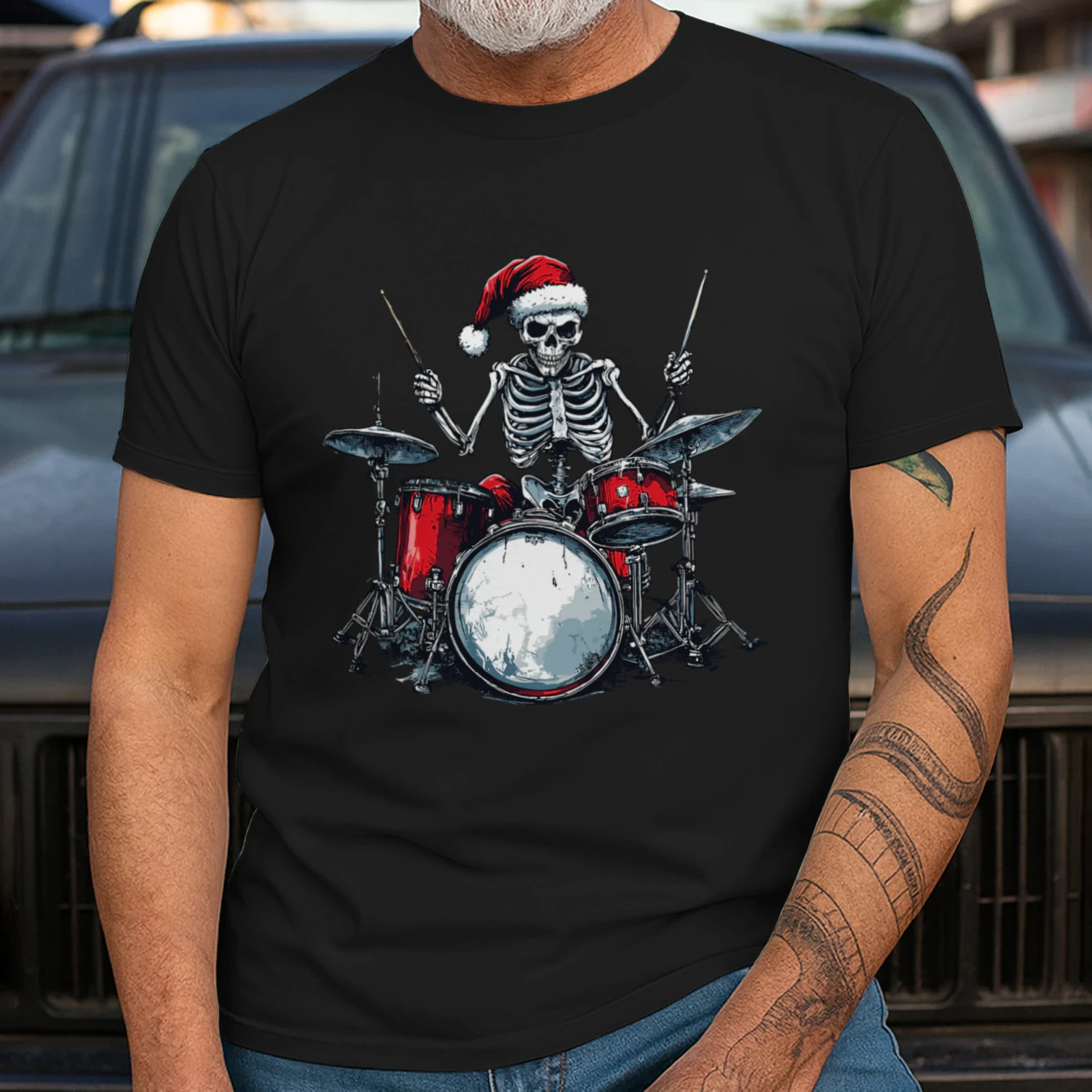 Christmas Santa Skeleton Playing Drum Percussionist Drummer Christmas T-Shirt
