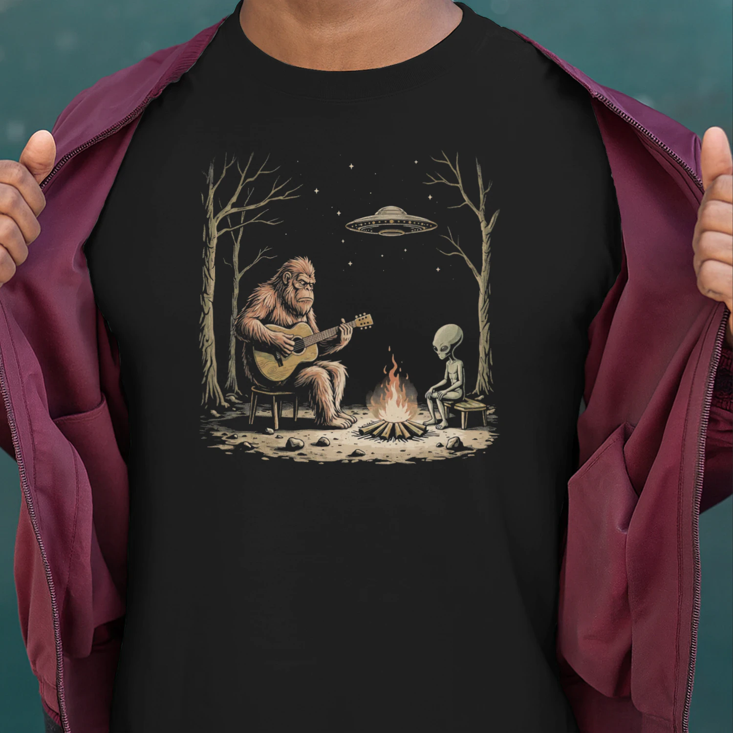 Guitar Bigfoot and Alien Campfire Guitar T-Shirt