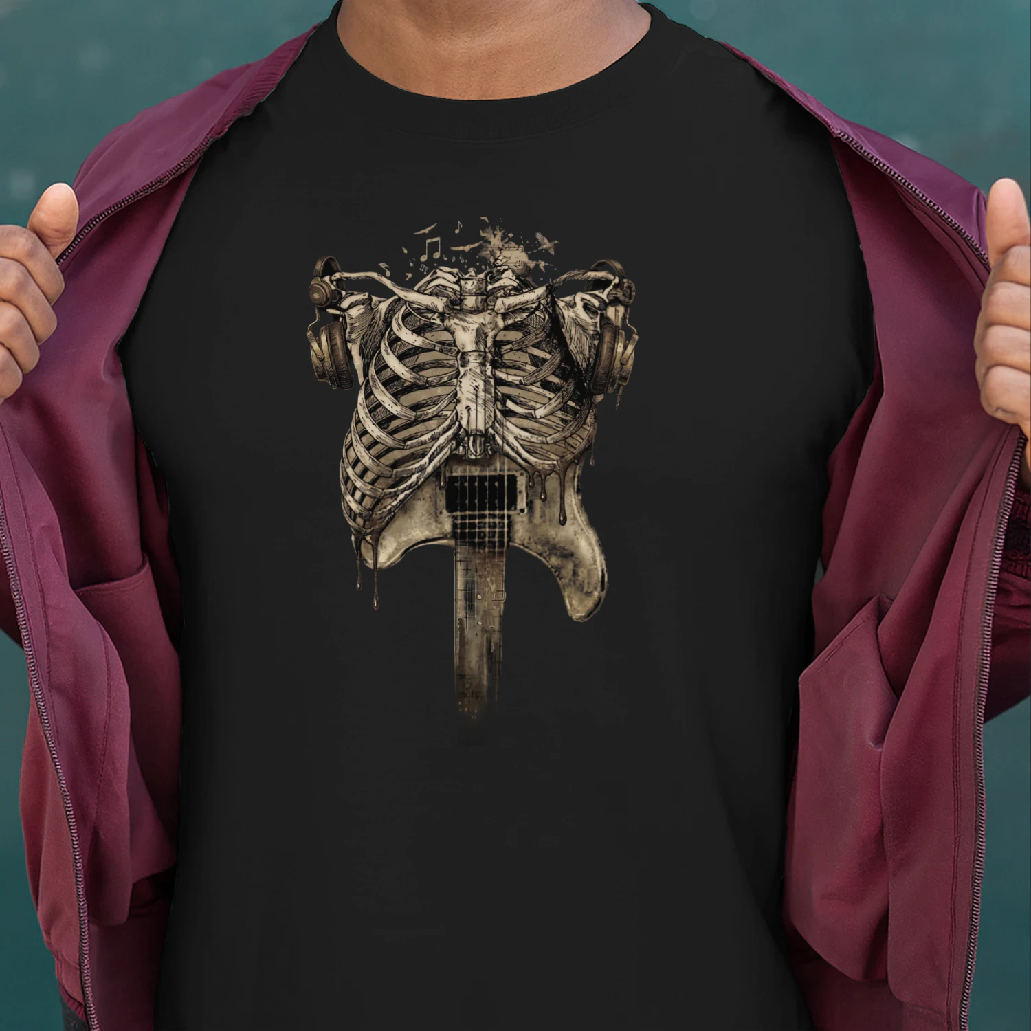 Guitar Aesthetic Rockstar Skeleton T-shirt - Vintage Dark Art Music Lover Tee