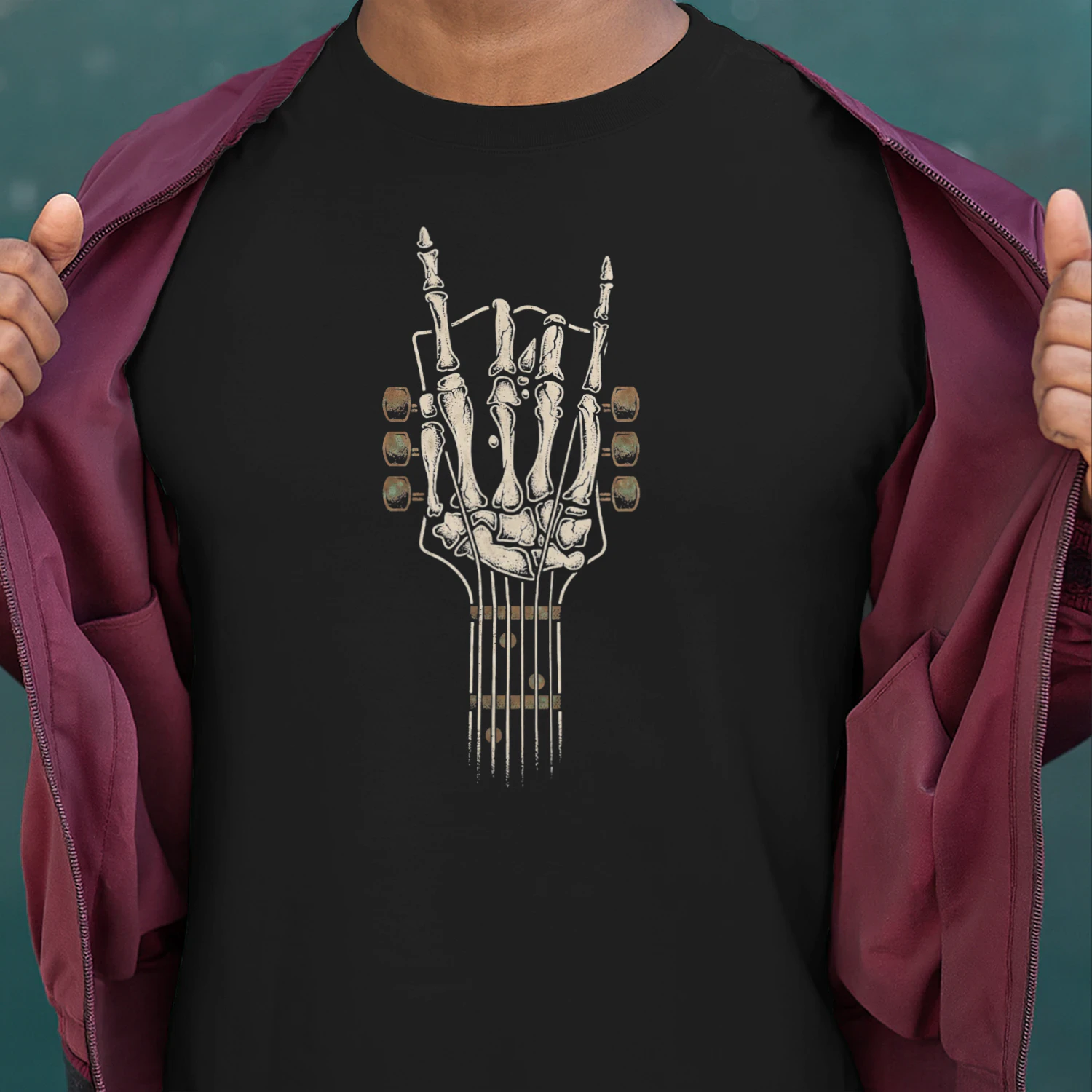 Guitar Rock On Skeleton Guitar Headstock T-shirt