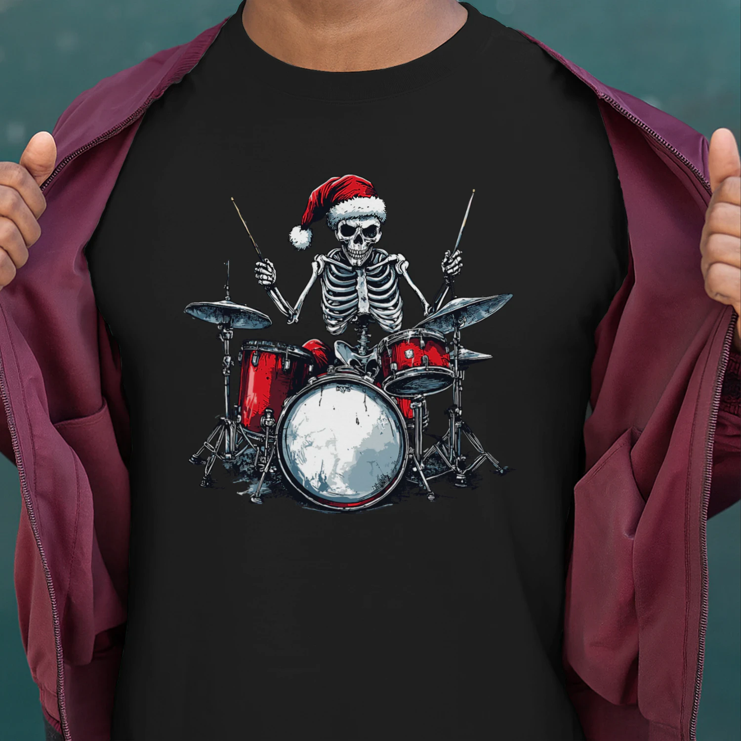 Christmas Santa Skeleton Playing Drum Percussionist Drummer Christmas T-Shirt