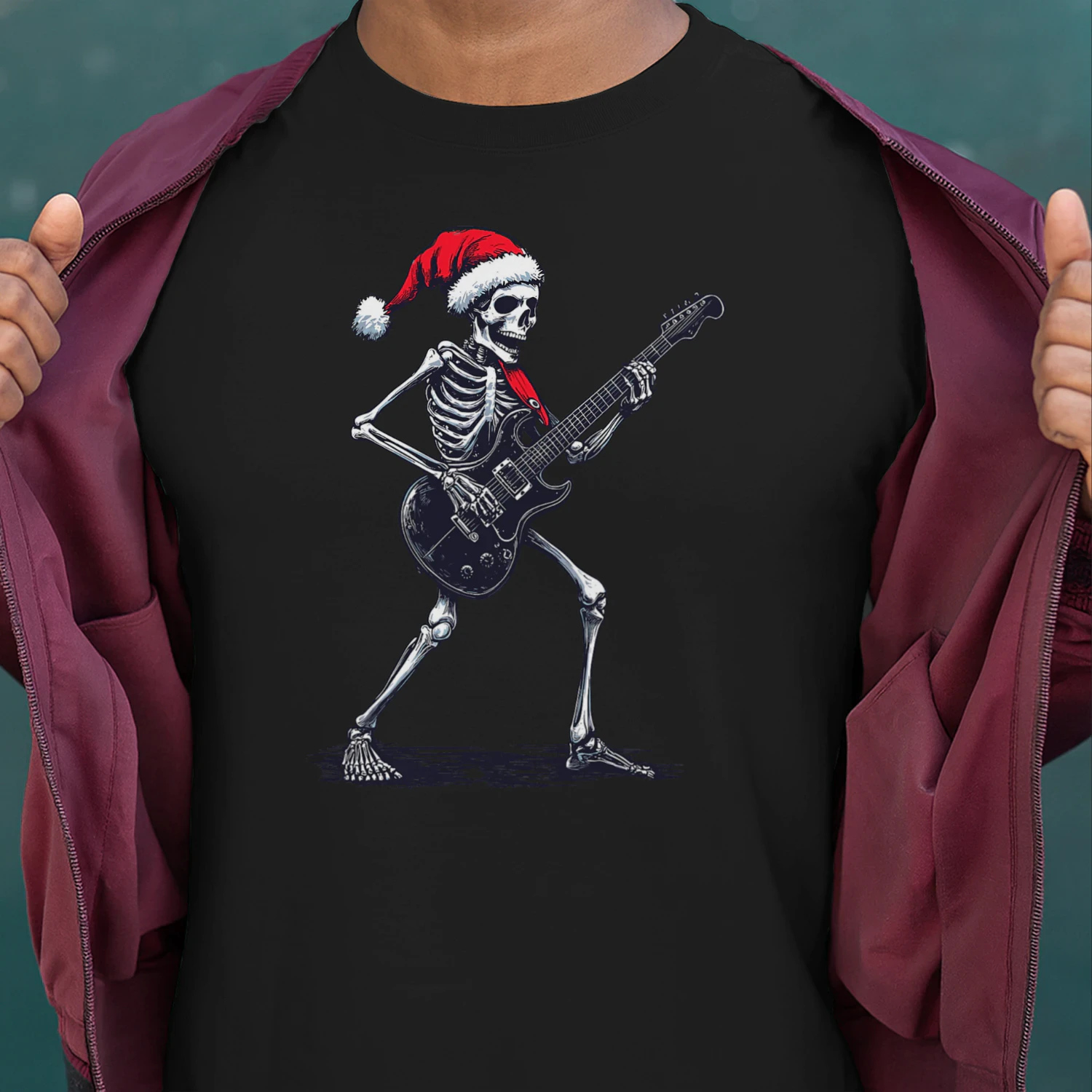 Christmas Santa Skeleton Playing Electric Guitar - Guitarist Christmas T-Shirt