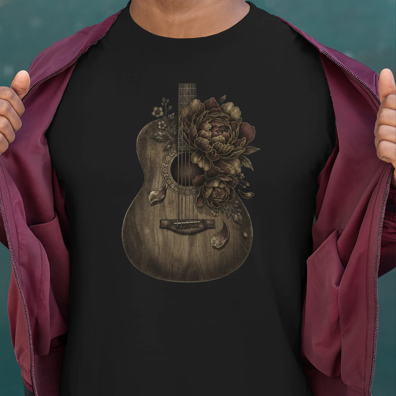Vintage Peony Acoustic Guitar Art