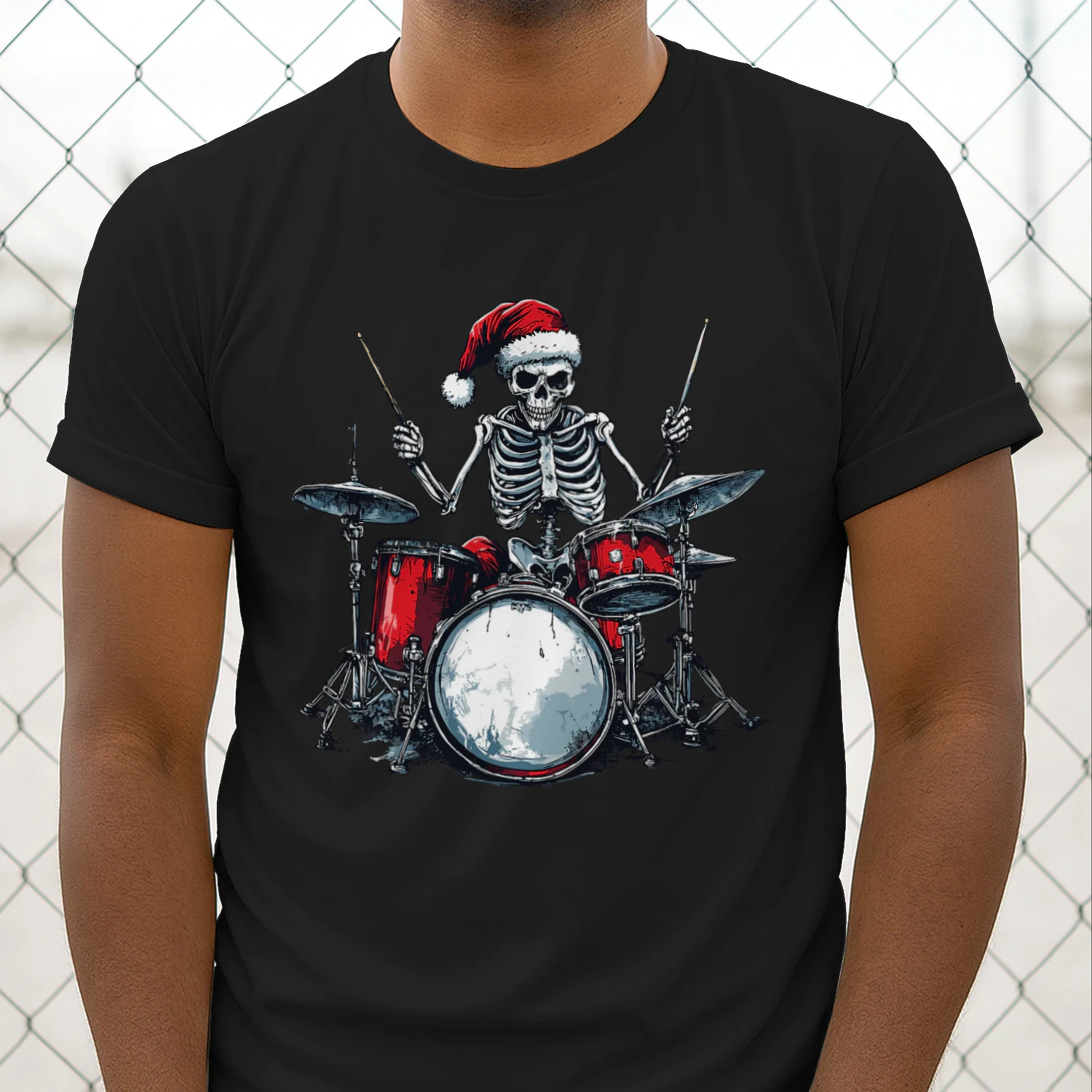 Christmas Santa Skeleton Playing Drum Percussionist Drummer Christmas T-Shirt