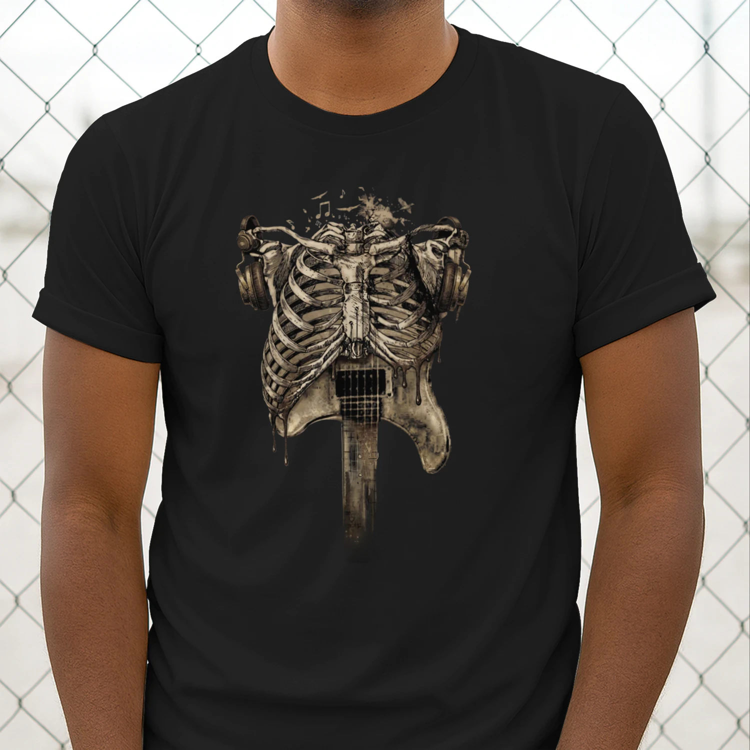 Guitar Aesthetic Rockstar Skeleton T-shirt - Vintage Dark Art Music Lover Tee