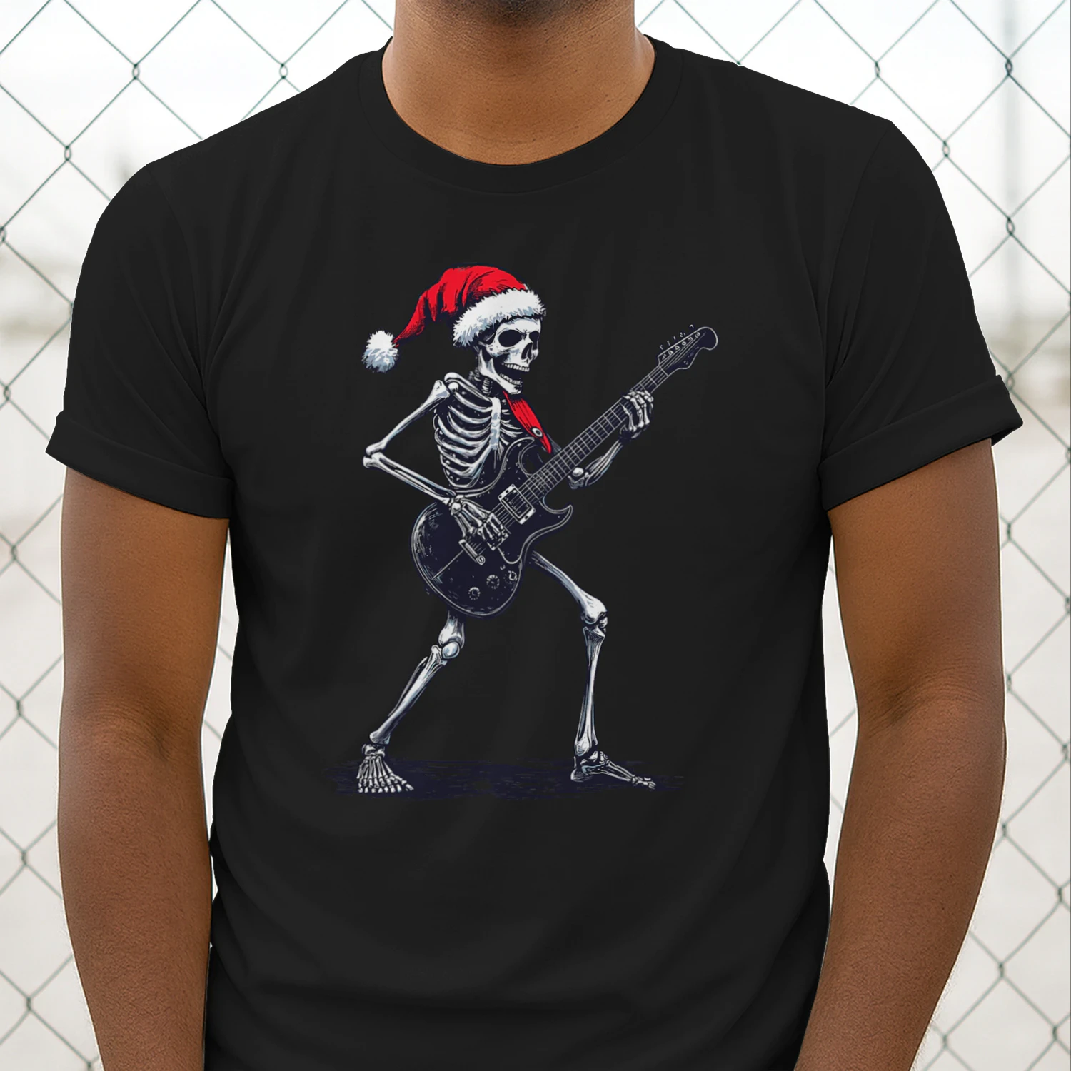 Christmas Santa Skeleton Playing Electric Guitar - Guitarist Christmas T-Shirt