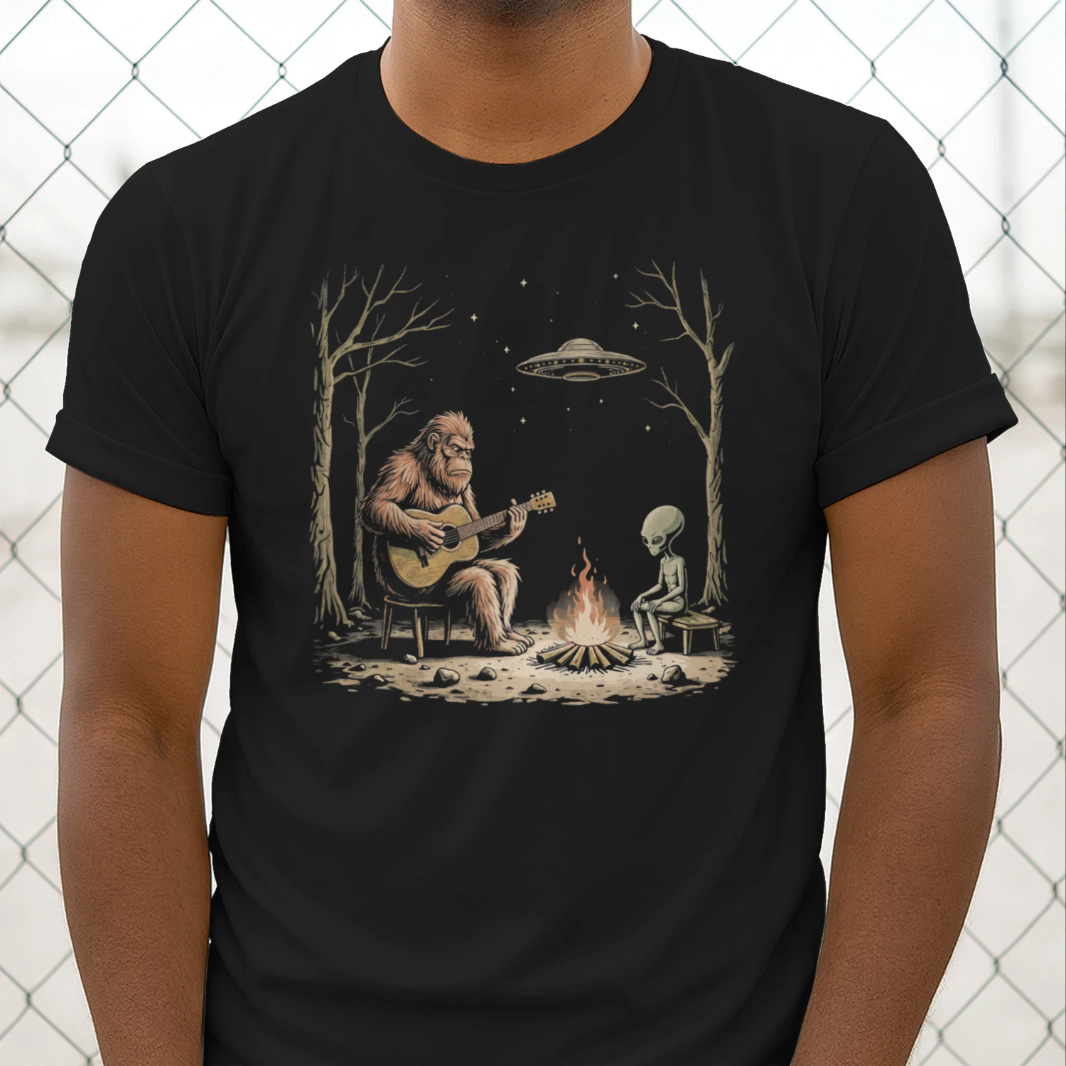 Guitar Bigfoot and Alien Campfire Guitar T-Shirt
