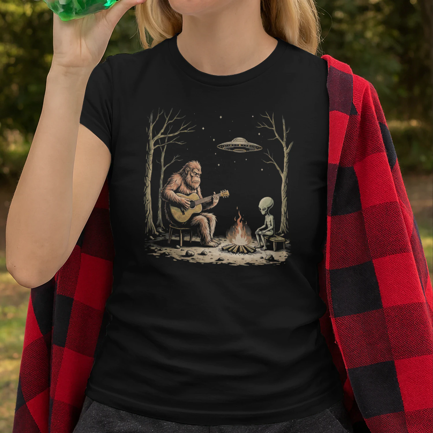 Guitar Bigfoot and Alien Campfire Guitar T-Shirt