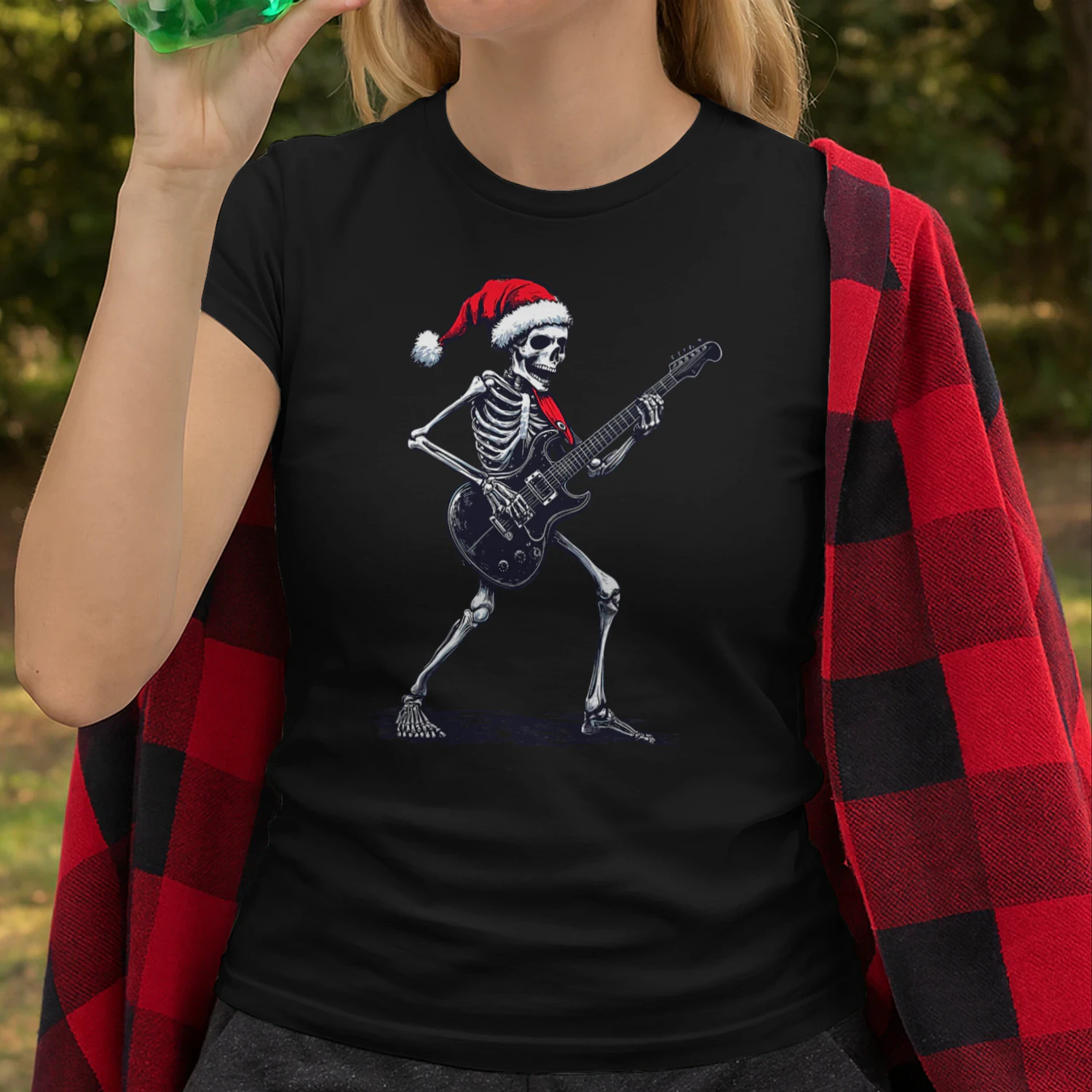 Christmas Santa Skeleton Playing Electric Guitar - Guitarist Christmas T-Shirt