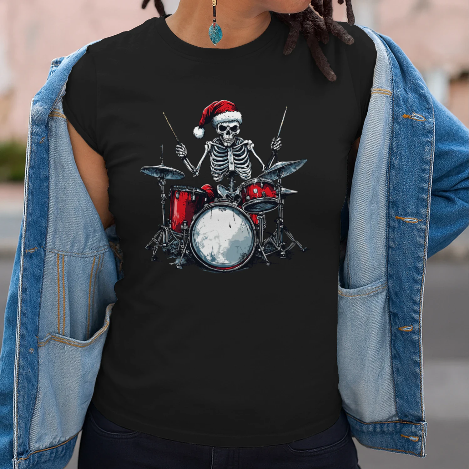Christmas Santa Skeleton Playing Drum Percussionist Drummer Christmas T-Shirt