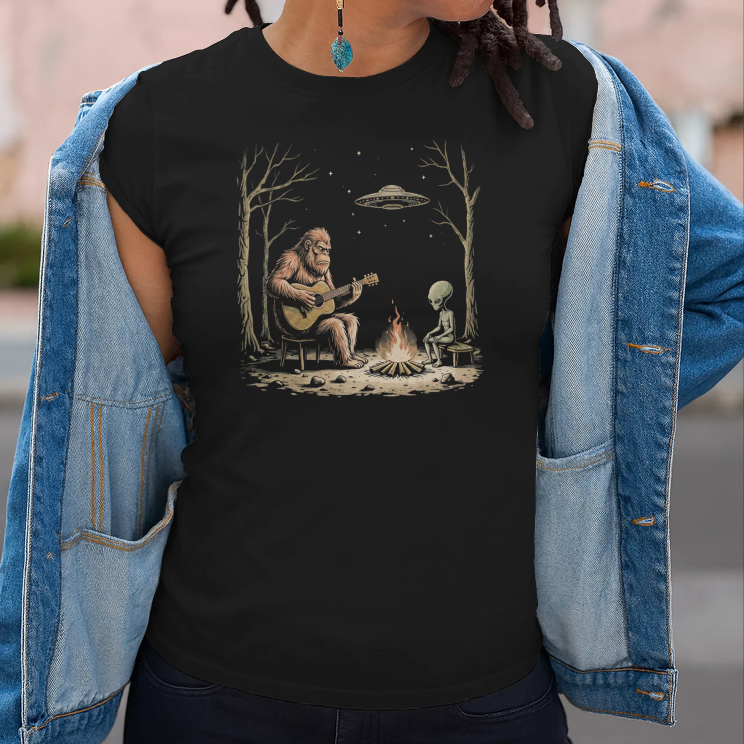 Guitar Bigfoot and Alien Campfire Guitar T-Shirt