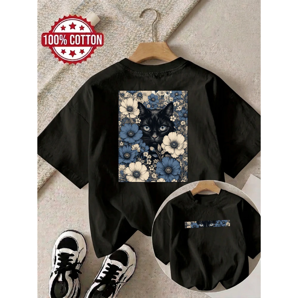 Double-Sided Featuring a Black Cat Among Blue Flowers Unisex T-shirt