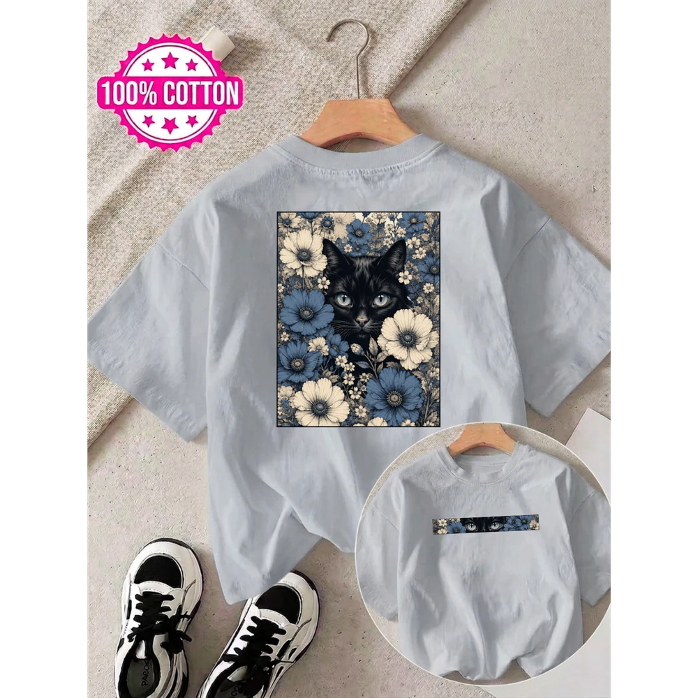 Double-Sided Featuring a Black Cat Among Blue Flowers Unisex T-shirt