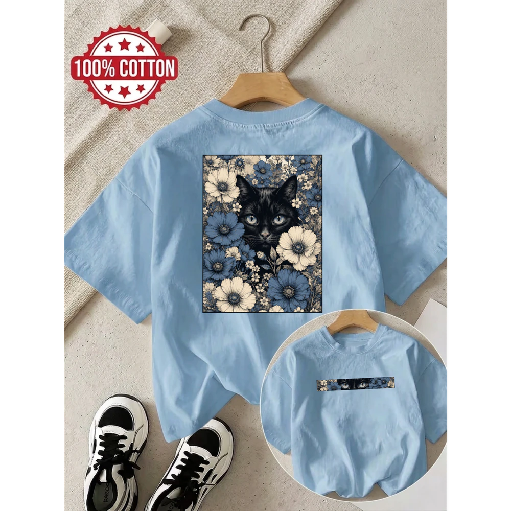 Double-Sided Featuring a Black Cat Among Blue Flowers Unisex T-shirt