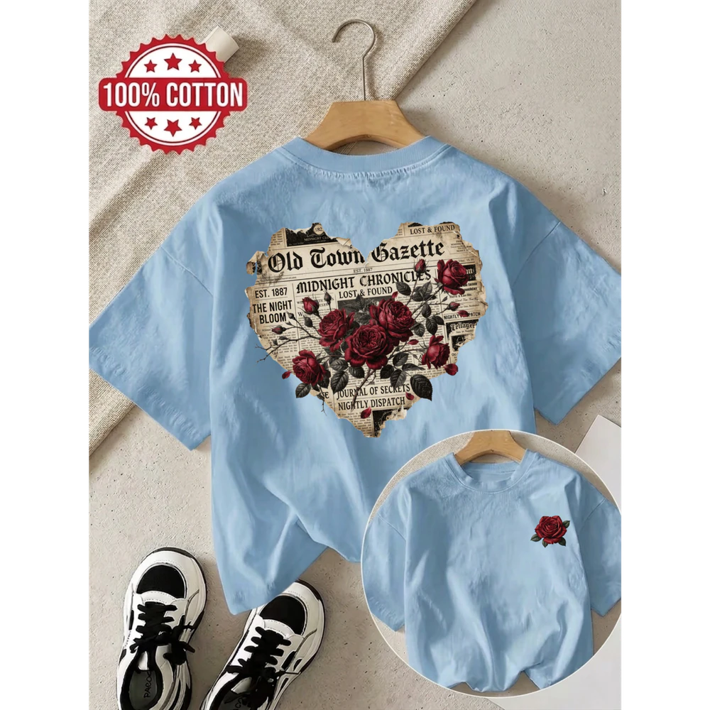 Double-Sided Vintage Newspaper Heart Rose Red Rose Graphic Unisex T-shirt