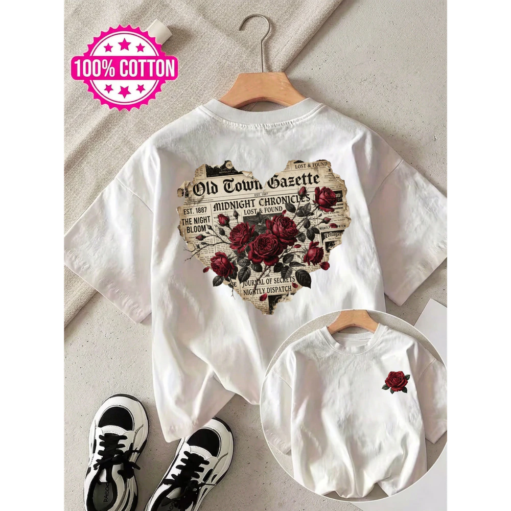 Double-Sided Vintage Newspaper Heart Rose Red Rose Graphic Unisex T-shirt