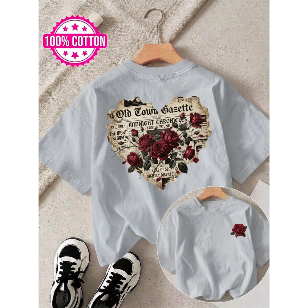 Double-Sided Vintage Newspaper Heart Rose Red Rose Graphic Unisex T-shirt