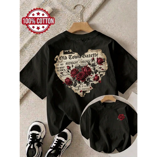 Vintage Newspaper Heart Rose Red Rose Graphic T-Shirt