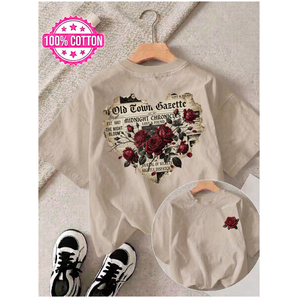 Double-Sided Vintage Newspaper Heart Rose Red Rose Graphic Unisex T-shirt