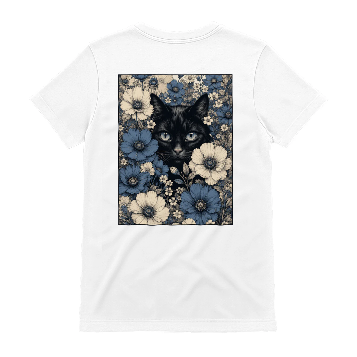 Double-Sided Featuring a Black Cat Among Blue Flowers Unisex T-shirt