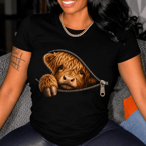 Peek-a-Boo Highland Cow T-Shirt – Schattige Schotse Hooglander met Rits