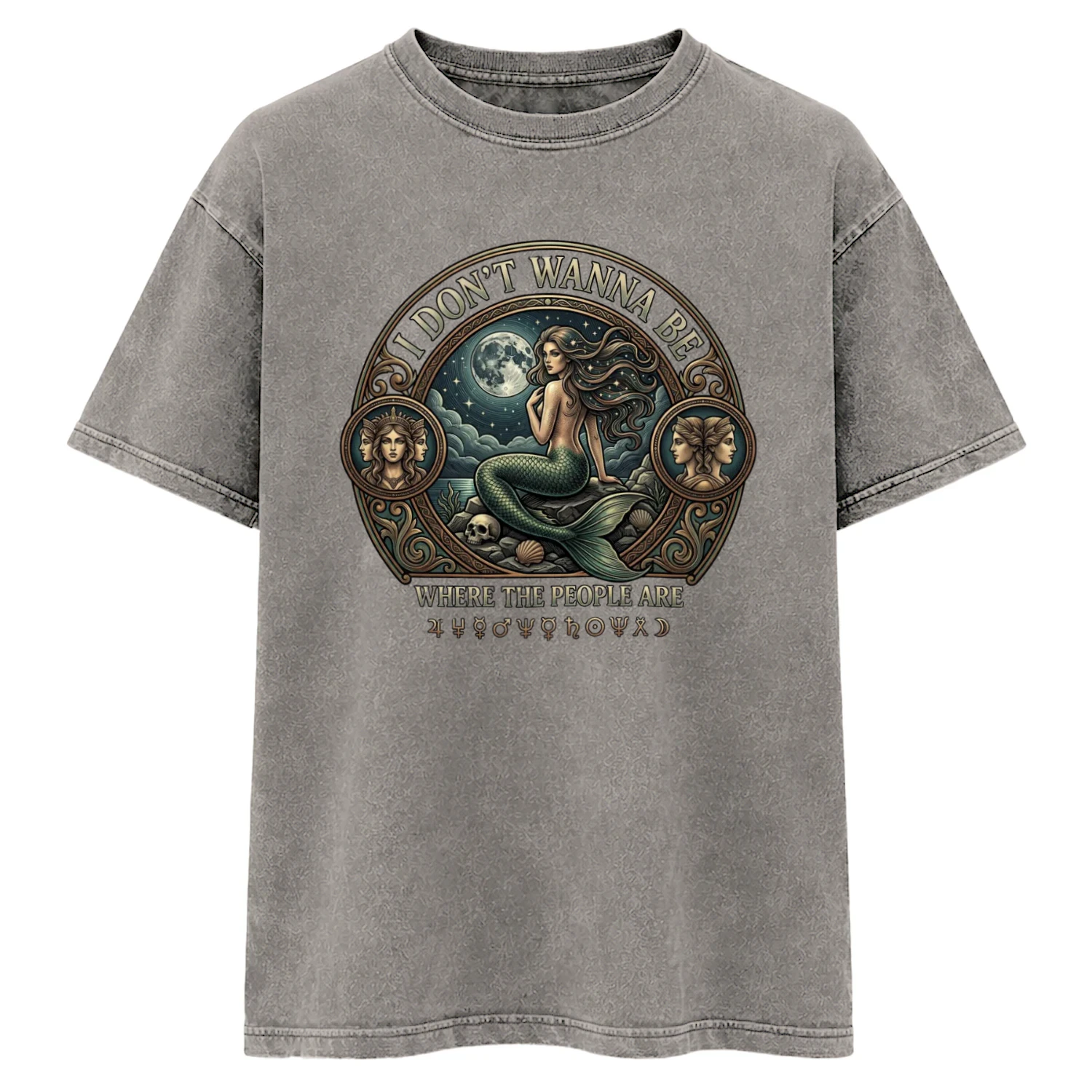 Siren I Don't Wanna Be Where The People Are Funny Mermaid Acid Washed T-Shirt