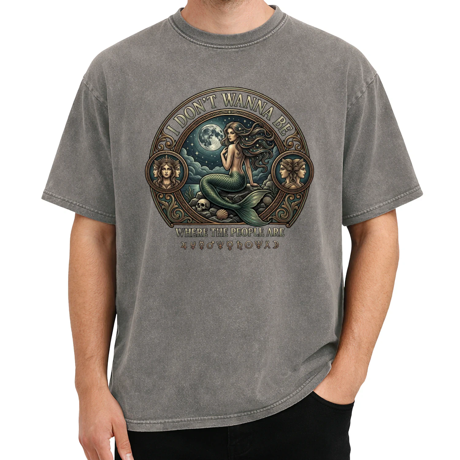 Siren I Don't Wanna Be Where The People Are Funny Mermaid Acid Washed T-Shirt