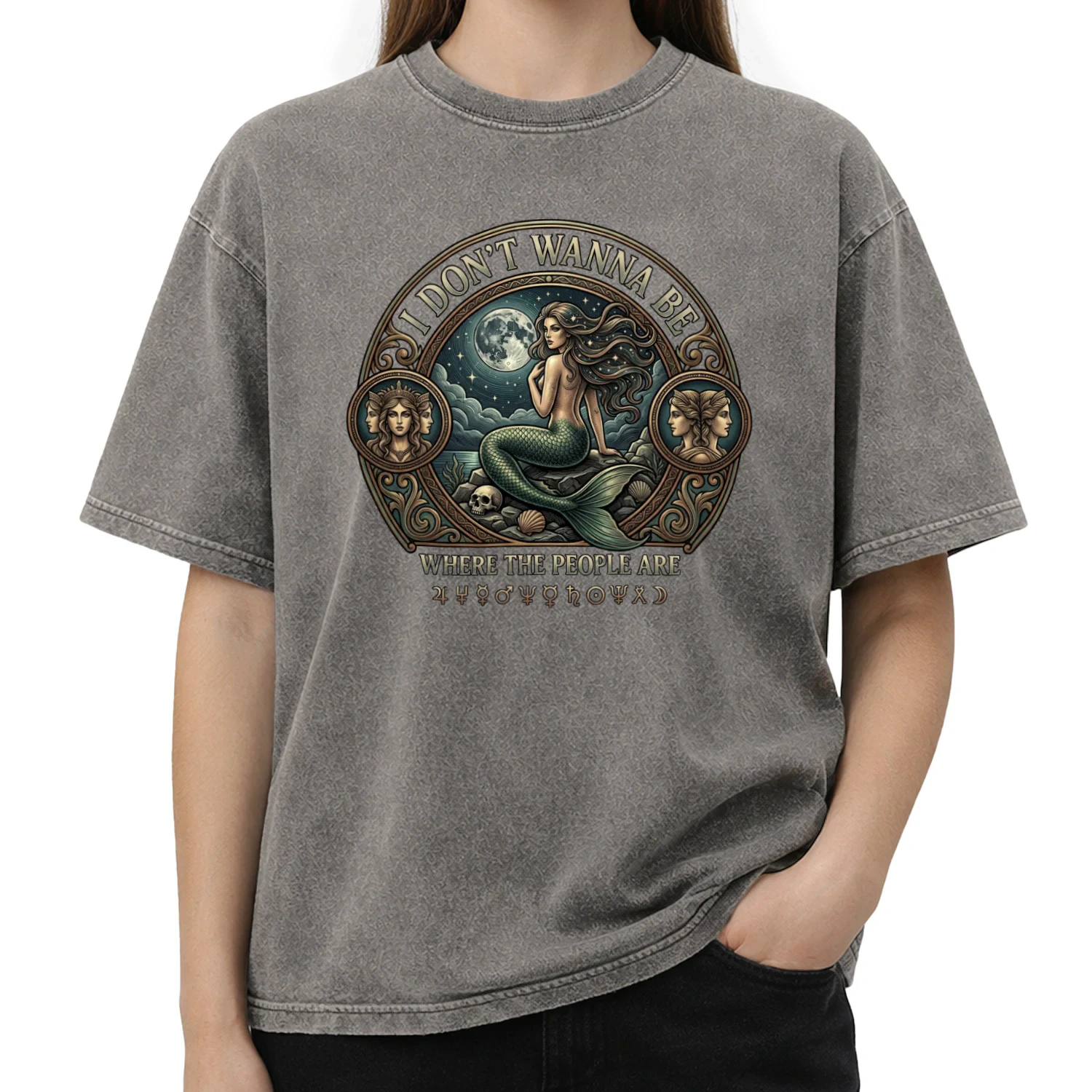 Siren I Don't Wanna Be Where The People Are Funny Mermaid Acid Washed T-Shirt