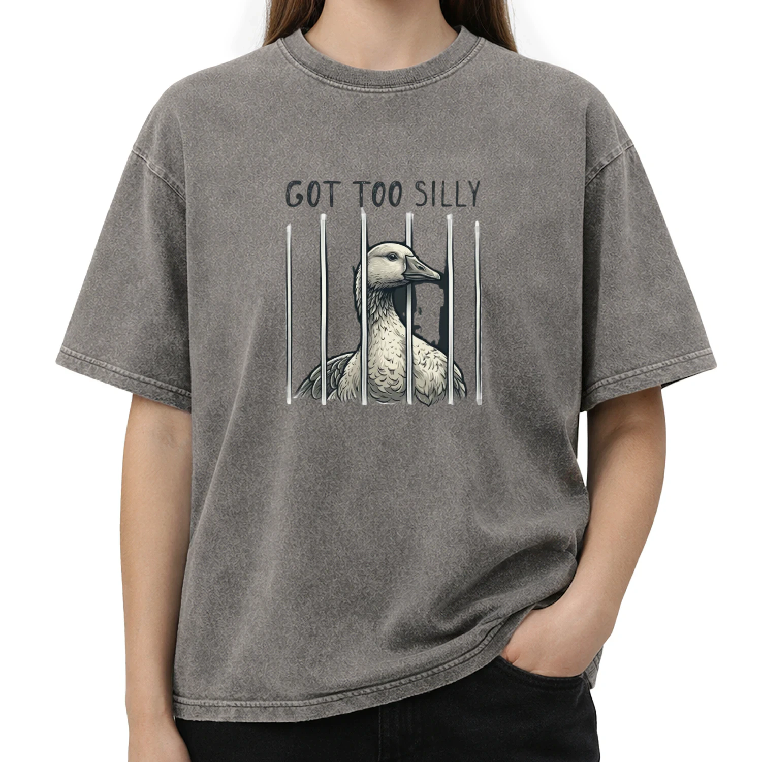 Got Too Silly Goose Behind Bars Funny Acid Washed Graphic T-Shirt