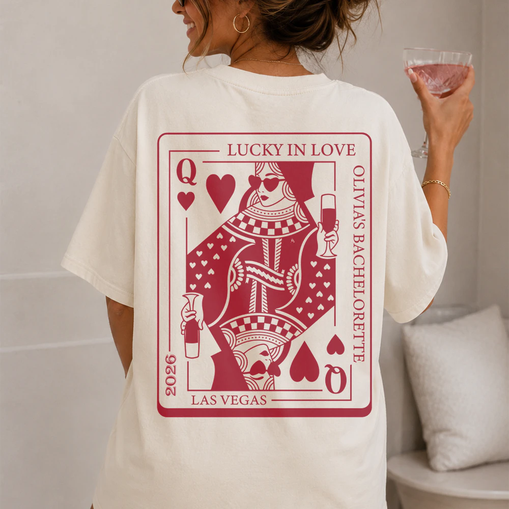 Lucky In Love Bachelorette Shirt, Custom Las Vegas Bachelorette Party Tee, Queen of Hearts Casino Shirt, Personalized Bride Squad Shirt