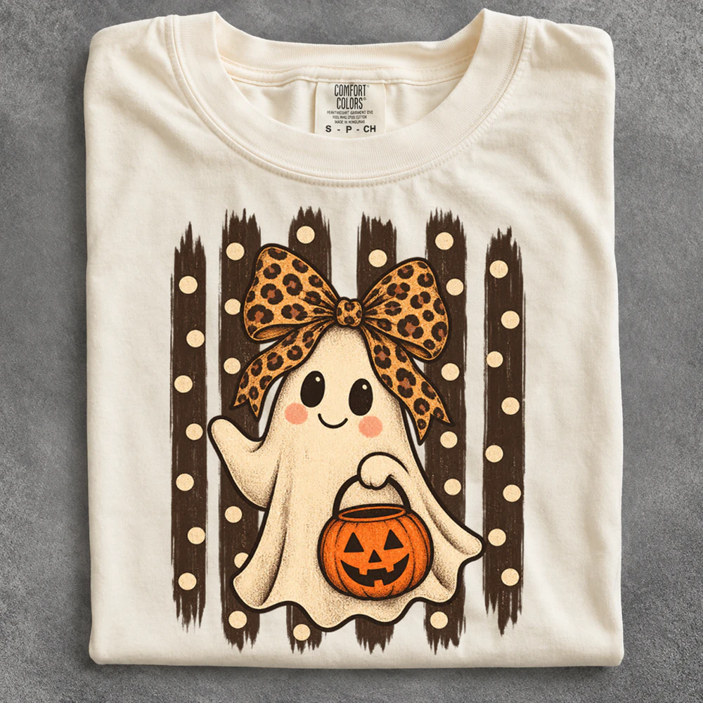 Cute Ghost Halloween Shirt, Leopard Bow Ghost Tee, Halloween Pumpkin Shirt, Fall Ghost T-Shirt, Trick or Treat Shirt, Boho Halloween Gift