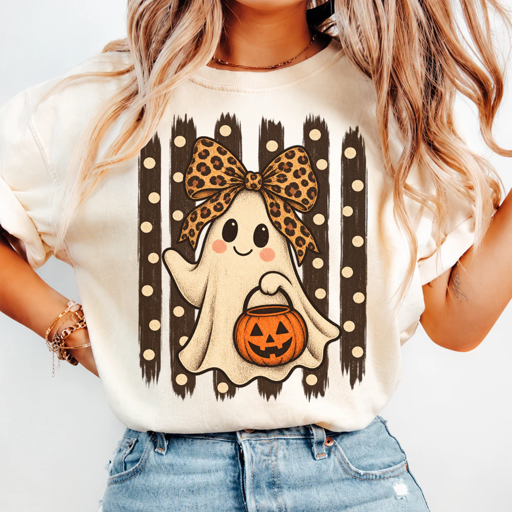 Cute Ghost Halloween Shirt, Leopard Bow Ghost Tee, Halloween Pumpkin Shirt, Fall Ghost T-Shirt, Trick or Treat Shirt, Boho Halloween Gift