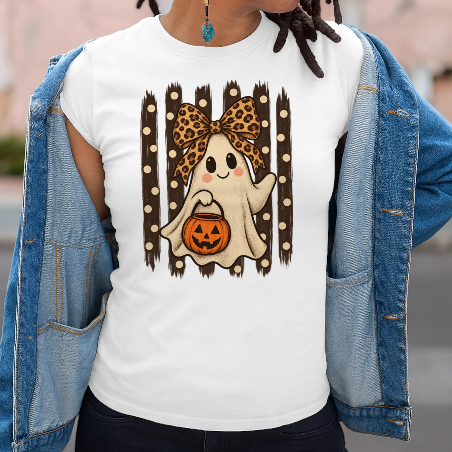 Cute Ghost Halloween Shirt, Leopard Bow Ghost Tee, Halloween Pumpkin Shirt, Fall Ghost T-Shirt, Trick or Treat Shirt, Boho Halloween Gift